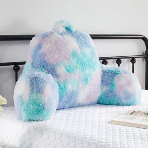 Reading Pillow for Bed Adult - Faux Fur Backrest Pillow with Arms, Ergonomic Back Rest Pillow for Sitting Up in Bed, Extra Fluffy Sit Up Pillow, Students, Teens, Kids Study Pillow, Xmas Gift (Aqua Blue)