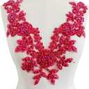 Handmade Rhinestones lace Applique Hand Sewing Beads Trim Patches Accessories for Dress Neckline (Rose red)