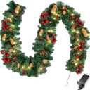 Joiedomi 9FT Christmas Garland Prelit with 50 Count String Lights, Bristle, Pine Cones, Holly Berries for Outdoor & Indoor Winter Christmas and Holidays Decorations, Plug in Lighted Pine Garland, Holly Berries Garland