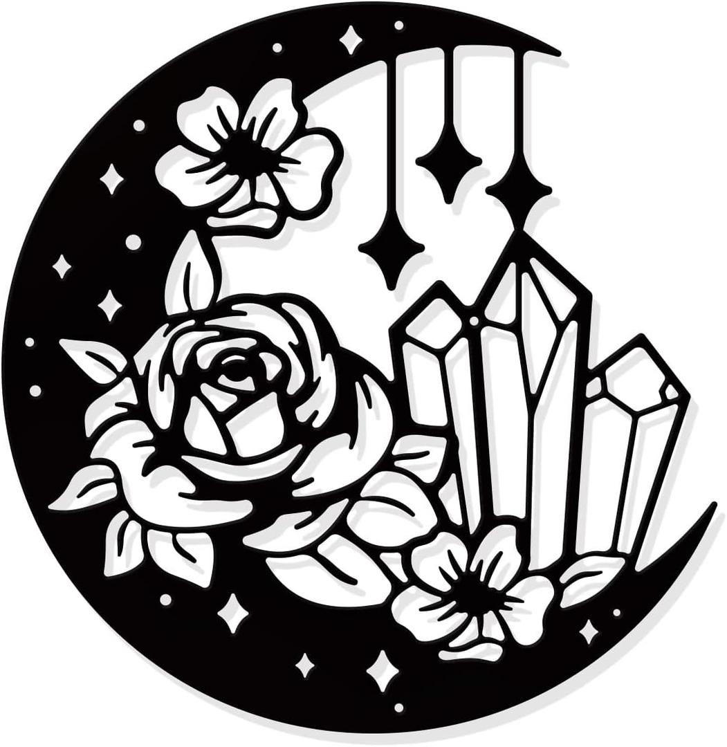 NBEADS Moon Flower Metal Wall Art, Black Moon Phase Boho Hanging Decor Silhouette for Home Bedroom Bathroom Garden Hotel Decoration (Moon Flower--9.72x9.49")
