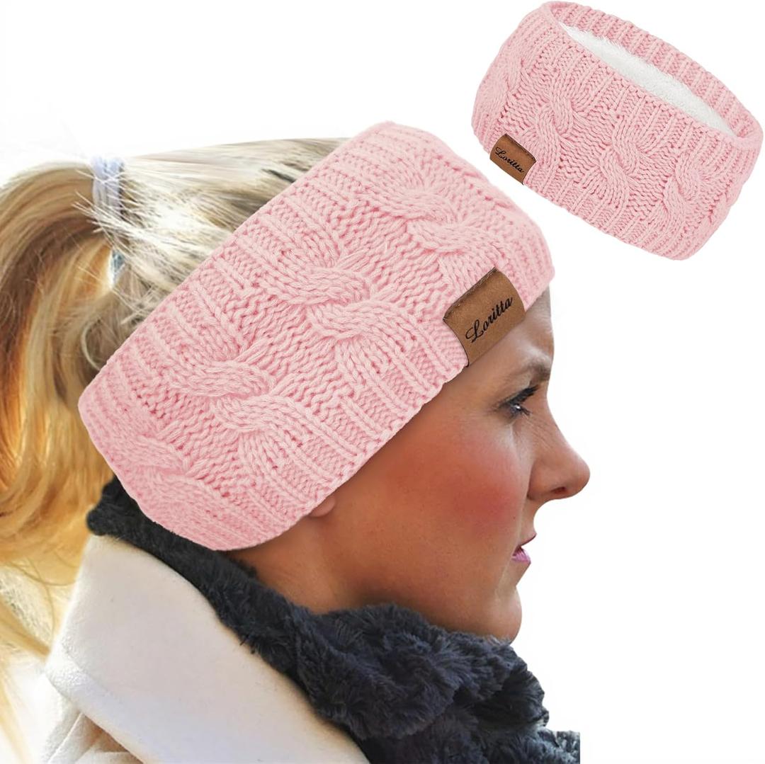 Loritta Womens Ear Warmers Headbands Winter Warm Fuzzy Cable Knit Head Wrap Fleece Lined Gifts (Pink)