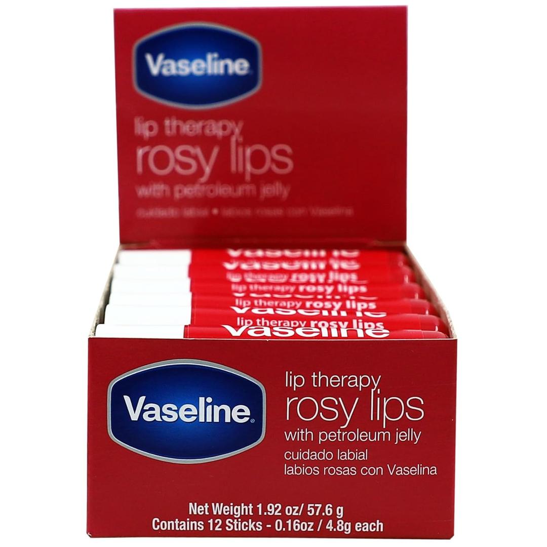Vaseline Lip Rosy, Fast-Acting Nourishment, Ideal for Chapped, Dry, Cracked, or Damaged Lips, Lip Balm,12 Sticks, 1 Box (0.16 Ounce (Pack of 12))