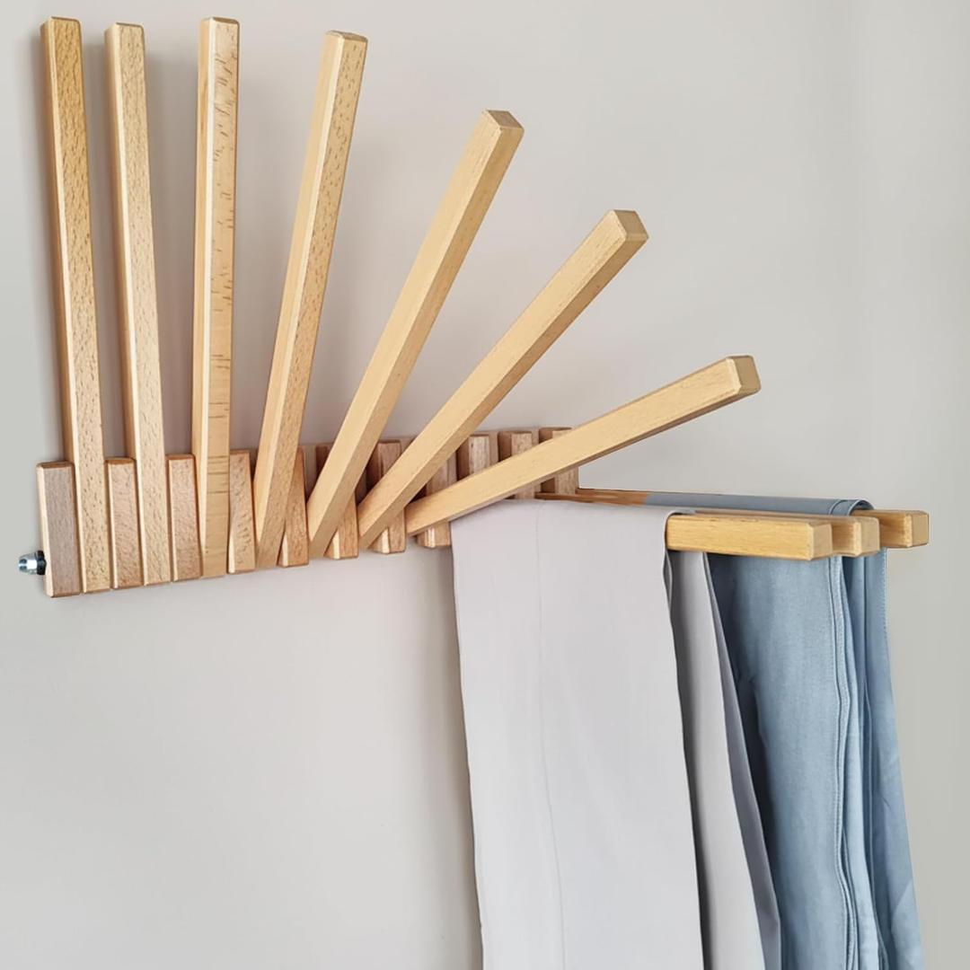 Domensi Beech Wood Wall Mounted Drying Rack for Laundry Room with 10 Mount Folding Coat Hooks Racks Drying Hanger for Bathroom Hat Towels Robes Rack Saving Space (Wood Color), 16.93 inches/43 cm