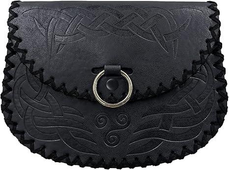 HiiFeuer Viking Embossed Belt Bag, Vintage Medieval Faux Leather Side Pack, Middle Ages Portable Belt Pouch For LARP Ren Faire (Black B)