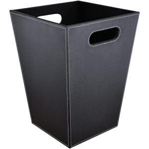 Pu Leather Trash Can for Bedroom, 16L/4.2 Gallon Office Wastebasket with Handles for Near Desk, Black Bathroom Garbage Cans for Home Decorative, Square Waste Basket Bin for Dorm Easy to Clean