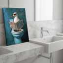 Funny Toilet Canvas Wall Art Humorous Seagull Reading Newspaper Wall Decor Painting Pictures Funny Bird Print for Living Room Bedroom Bathroom Decoration Framed