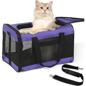 Cat Carrier Airline Approved, Soft-Sided Dog Carrier with Inner Safety Leash, Pet Transport Carrier for Small-Medium Cats Puppies up to 15 Lbs, Collapsible Travel Kitten Carrier Bag -Purple M