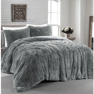 HOMBYS Oversized King Faux Fur Fluffy Comforter Set 120x120, 3 Piece Shaggy Plush Velvet Bedding Thick Comforter with Shams, Extra Soft and Warm,Light Grey