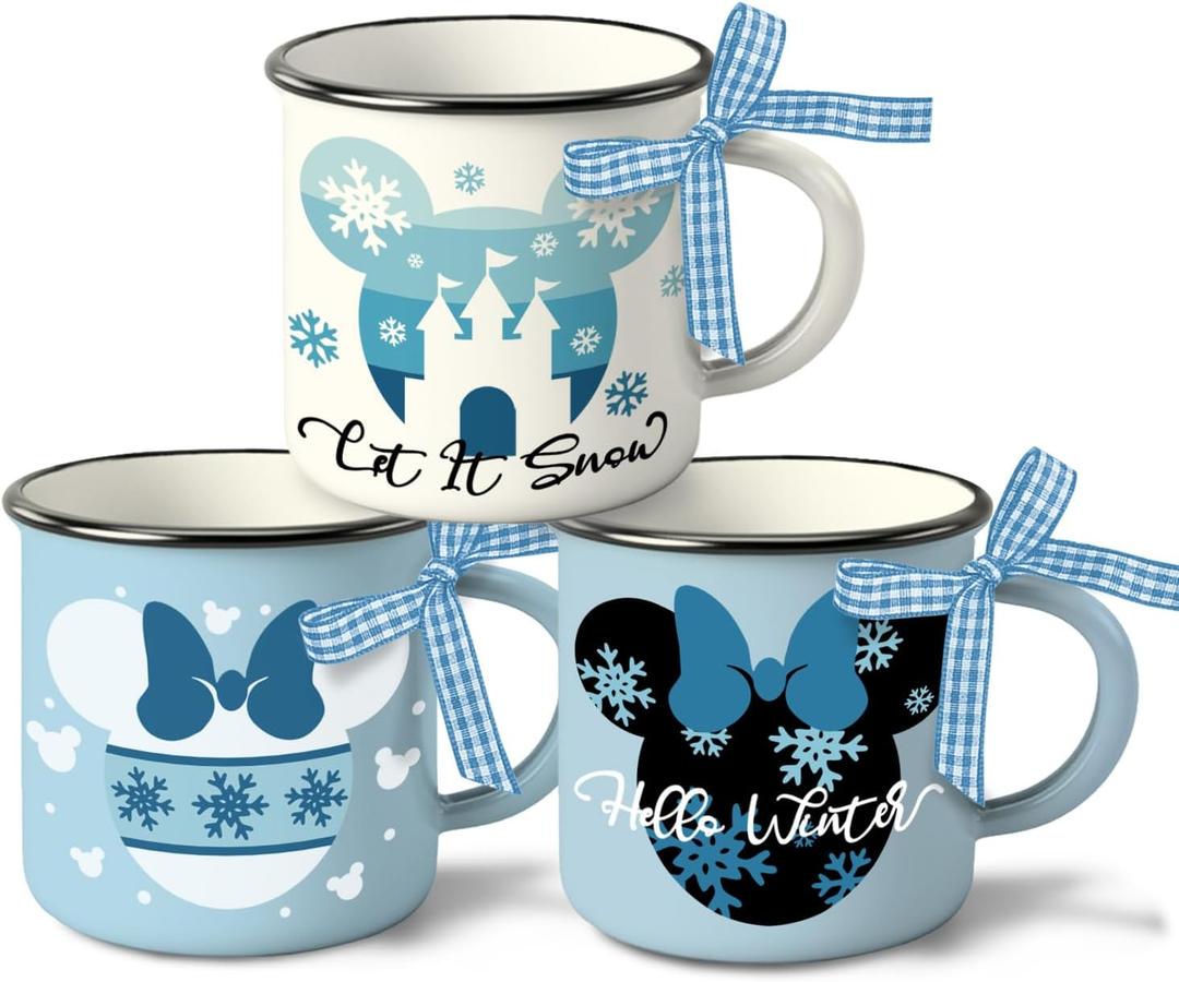 Hello Winter Mini Coffee Mug Set of 3, Blue Let It Snow Castle Snowflake 5 oz Mini Coffee Cups for Tiered Tray Decor, Christmas Kitchen Coffee Bar Decorations Housewarming Gift