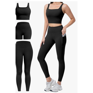 3 Piece Workout Sets for Women High Waisted Leggings with Pockets Tummy Control Biker Shorts Yoga Sports Bra, Size: Medium