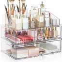 Clear Stackable Makeup Organizer with Drawer, 12''W Acrylic Storage Drawers, Cosmetic Display Case for Vanity Bathroom Countertop, Beauty Holder for Lipstick Brush Skincare Perfume (3 Pack)