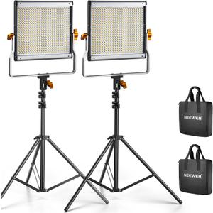 Neewer 2 Packs Dimmable Bi Color 480 LED Video Light Kit, 3200~5600K CRI 96+ LED Panel with U Bracket, 75 inches Tripod Light Stand for YouTube Recording Studio Photography Streaming Key Lighting