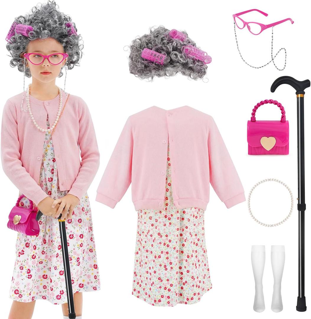 WooWee Kids Girl 100 Days of School Costume, Old Lady Costume for Kids, Halloween Cosplay Dress Up (3-5y, Pink)