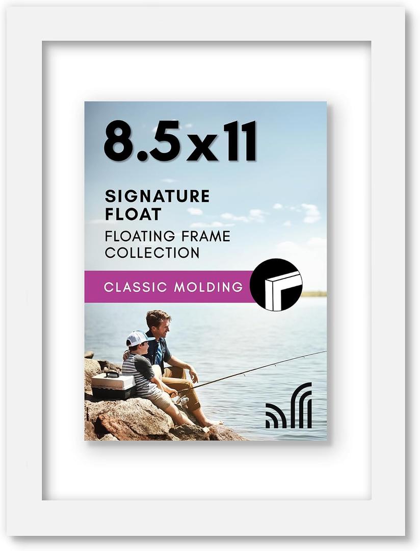 Americanflat 8.5x11 Floating Picture Frame with Polished Crystal-Clear Glass - Use as 5x7 Picture Frame or Display 4x6 Photo - Signature Float Collection - Photo Frames for Wall Display - White