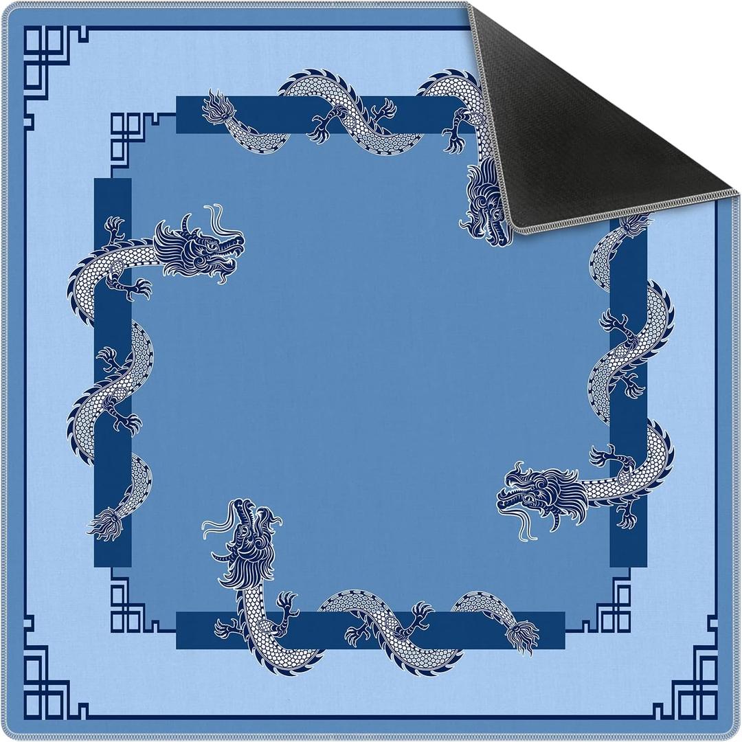 Vintage Blue Chinese Dragon Mahjong Mat 31.5" x 31.5",Oriental Chinoiserie Non-Slip Noise Reduction Mahjong Table Cover Accessories Supplies for Dominoes Poker Card Board and Tile Games Gifts