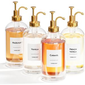 16.9 oz (500 ml) Coffee Syrup Dispenser Set- 4 Glass Bottles with Gold Pumper and Syrup Labels - Precise Dispensing and Stylish Addition to Coffee Shop, Cafe or Home Bar