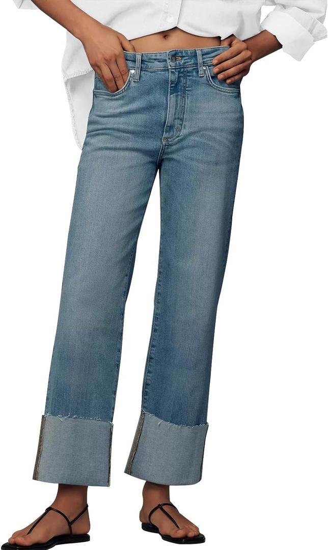 KUNMI Jeans for Women Wide Leg Baggy High Waist Boyfriends Straight Leg Stretchy Denim Pants Trendy Fall 2025 (Cuffed Blue, 6)