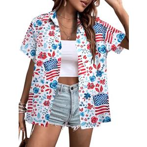 American Flag Shirt Women Patriotic Hawaiian Shirts 4th of July Tops Red White Blue Hawaii Floral Button Up Blouses, Small