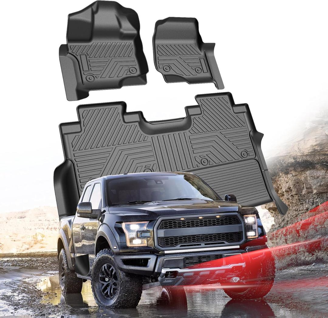 Car Floor Mats for Ford F-150 2015-2025 | F150 Lightning 22-24 SuperCrew (Rear w/o Fold Flat Storage), All Weather Protection TPE Truck Mats Custom Car Liners Accessories, Front and Rear Row, Black