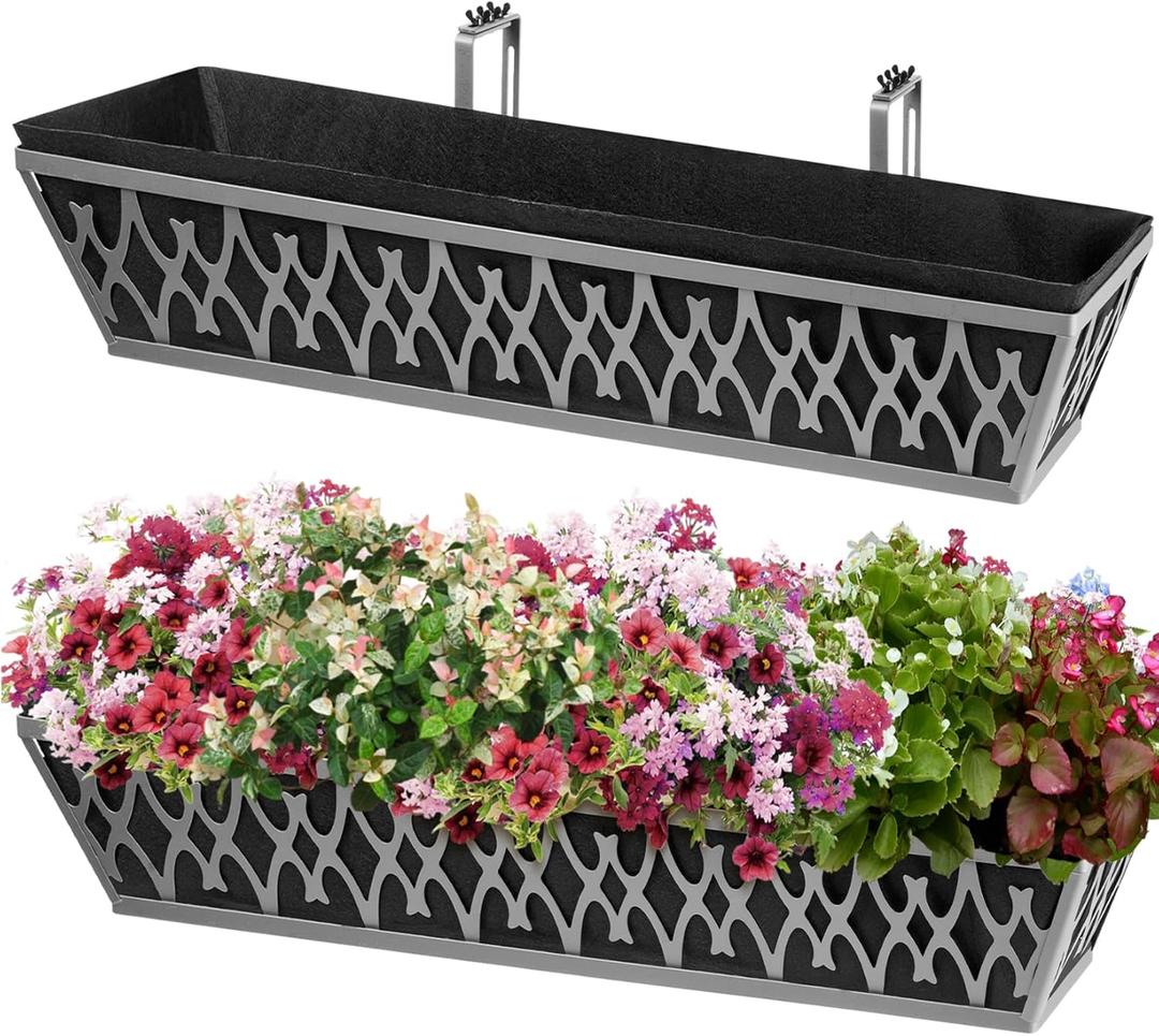 2 Pack 30 Inch Window Boxes Planters Railing Planter Box with Adjustable Brackets & Non-Woven Fabric Plant Grow Bags Deck Railing Planter Boxes Balcony Hanging Flower Box for Outdoor Plants