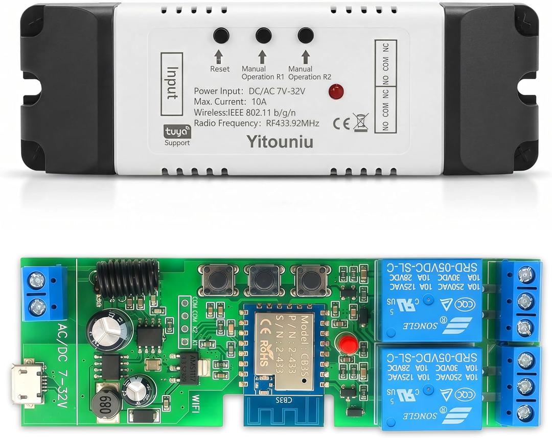 2 Channel Tuya Smart Life WiFi Momentary Inching Self-Locking Interlock Relay Switch Module,DC 7-32V Wireless Remote Control with RF Bluetooth, Compatible with Alexa Goolge Home (2CH)