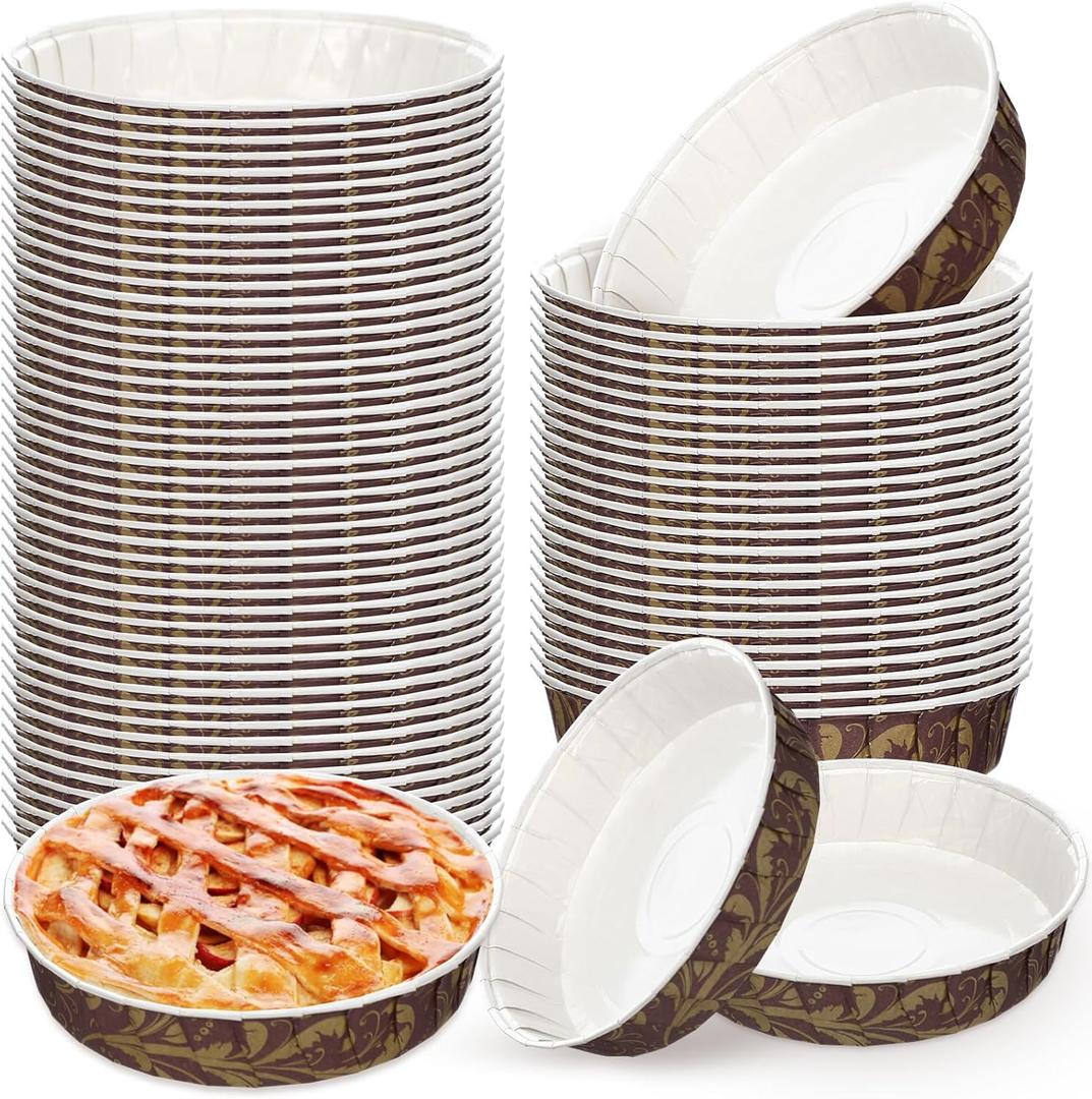 50 Pcs Paper Cake Baking Mold Pans 6 x 1.4 Inch Retro Round Disposable Pie Pans Heat Resistant Shallow Paper Cake Bakeware Cups for Muffins Pies Quiche, Microwave Oven and Freezer Safe