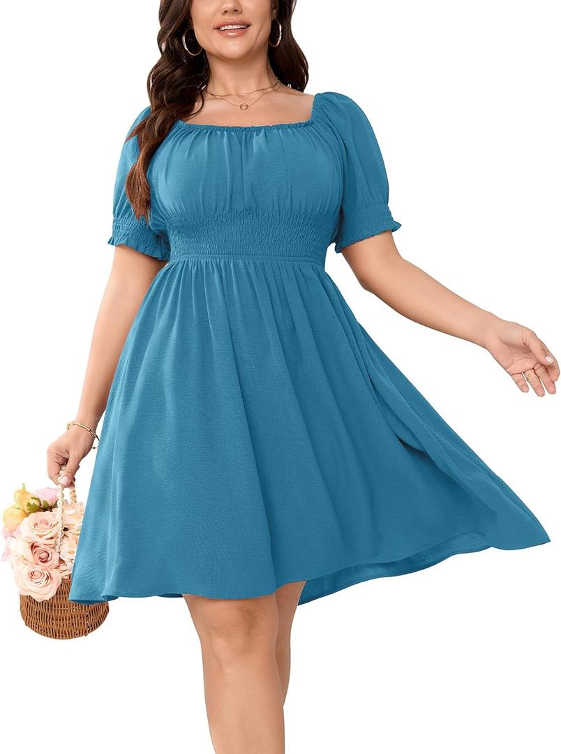 Women Plus Size Square Neck Mini Dress Puff Sleeve Smocked Flowy A-Line Boho Casual Short Dresses (Sky Blue), Size: XX-Large Plus