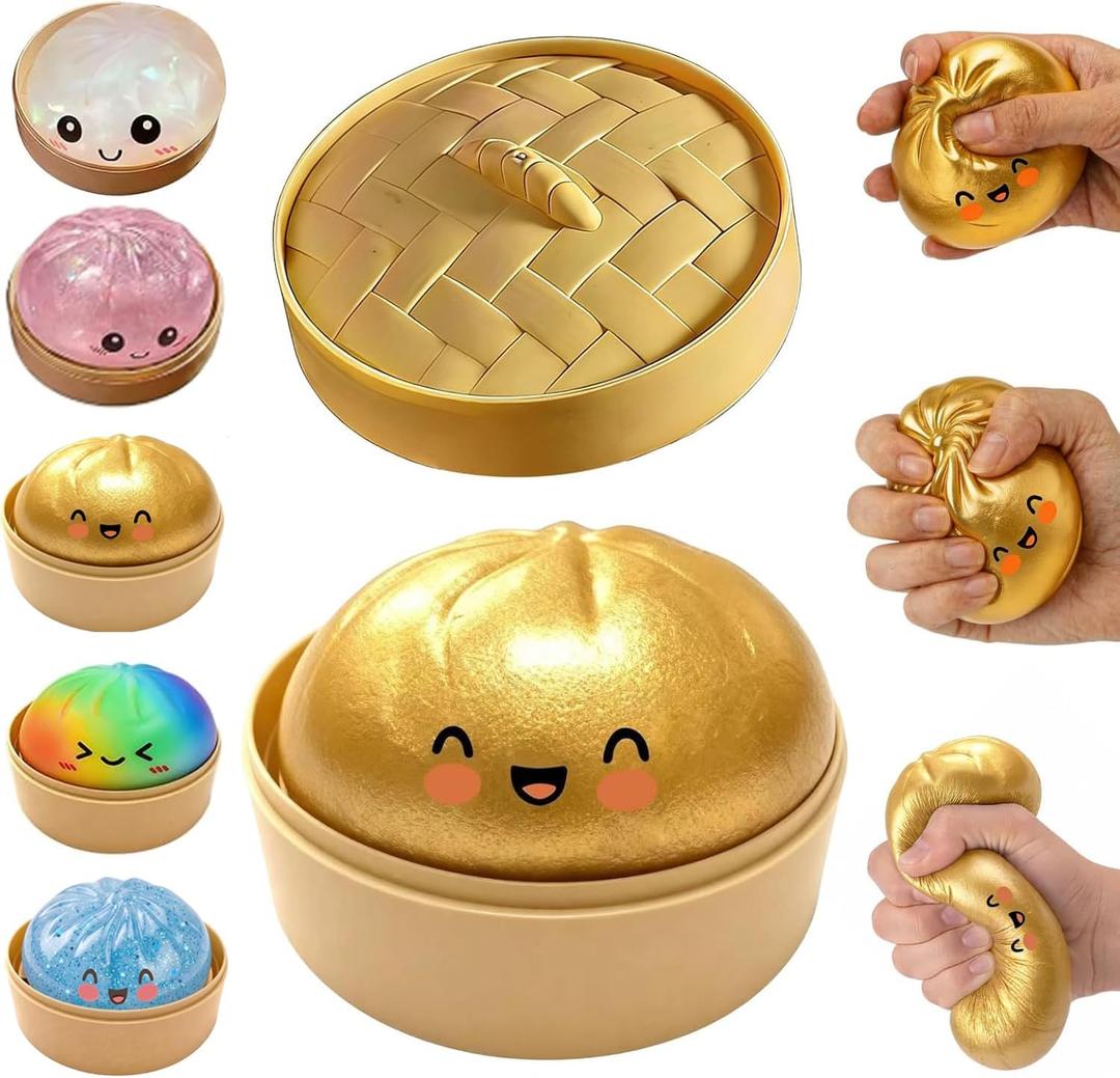 Glitter Dumpling Squishy, Dumpling Squishies, Mystery Box Squeeze Toy, Colorful Stress Balls Fidget Sensory Toy with Steamer,Suitable for Adult use in Offices and Homes (Gold)