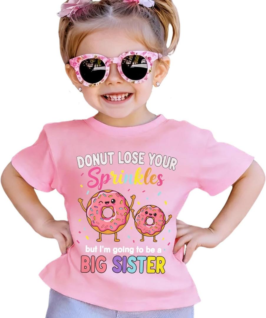 Ritatte Big Sister Shirts for Girls Toddler Kids Big Sister Announcement T-Shirt Cute Donut Sprinkles Graphic Summer Tees Pink,5-6t (120)