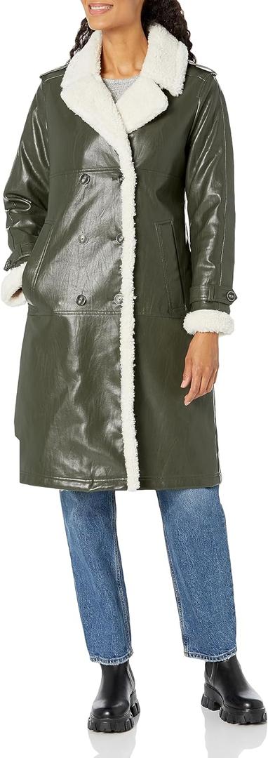 Kenneth Cole Womens Belted Notch Collar Coat (Large, Classic Faux Leather Dark Green)