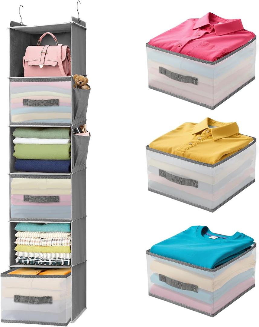 6-Tier Hanging Closet Organizer with Drawers and Side Pockets Versatile Closet Storage for Shoes, Hats, Belts, and Purses, 12x12x42