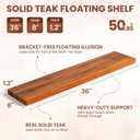36 Inch Teak Floating Shelves Set of 2 - Solid Natural Wood Wall Mounted Shelves with Invisible Brackets - Heavy Duty Waterproof Storage for Bathroom, Kitchen, Living Room & Outdoor