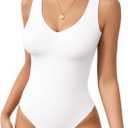 MANGOPOP Women's Deep V Neck Tank Top Bodysuit Sexy Thong Double Lined Body Suit Sleeveless Backless Plunge Going Out Tops (02 White) Small