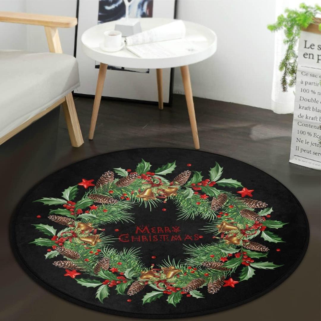 keepcute Round Area Rug Christmas Decorative Doormat, Pine Wreath Merry Christmas Indoor Decorative Rug Merry Christmas Rug