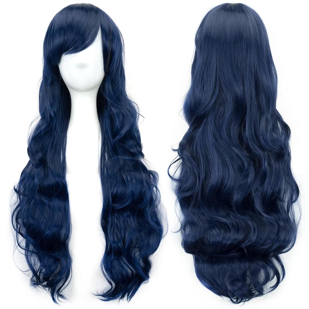 IMISSU 80cm Long Curly Natural Hair Cosplay Wig with Bangs Colorful Halloween Costume Party Wigs for Women (Dark Blue)