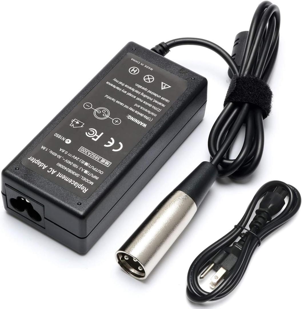 36W 24V Electric Scooter Charger Cable for eZip 400 450 500 750 E750 E400 E500 E650 900 4.0 4.5 E-4.5; eZip Trailz Electric Bike Motor Bicycle Parts - with 3-Pin XLR Connector[0.6A 600mA]