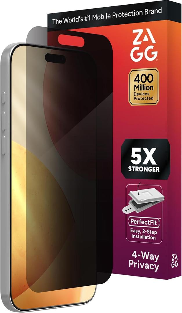 ZAGG Privacy XTR Screen Protector for iPhone 17 Pro Max - 4-Way Privacy Full-Screen Filter, 5X Stronger, Fingerprint-Resistant Tempered Glass, Smooth Feel, Easy Two-Step Installation