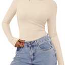 PRETTYGARDEN Womens Long Sleeve Shirts 2026 Ribbed Knit Slim Fitted Basic Tee Casual Going Out Tops Underscrubs Fall Clothing (Beige, L)