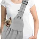 SlowTon Dog Carrier Sling - Thick Padded Shoulder Strap Adjustable Dog Carriers for Small Dogs, Puppy Carrier Purse for Pet Cat with Front Zipper Pocket Safety Belt Machine Washable (Light Gray, M) (D-Light Grey Knitted Fabric)