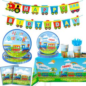 Train Birthday Party Supplies,128pcs Train Party Decorations Tableware Set Train Plates and Cups Napkins Train Birthday Banner Tablecloth etc Train Tableware for Kids