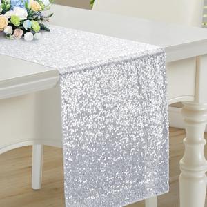 RUDONG M 1 Pack Silver Sequin Table Runner 12 x 108 Inch, Rectangle Glitter Table Runner Dining Table Centerpiece Decorations for Weddings, Banquet, Holiday, Birthday Party