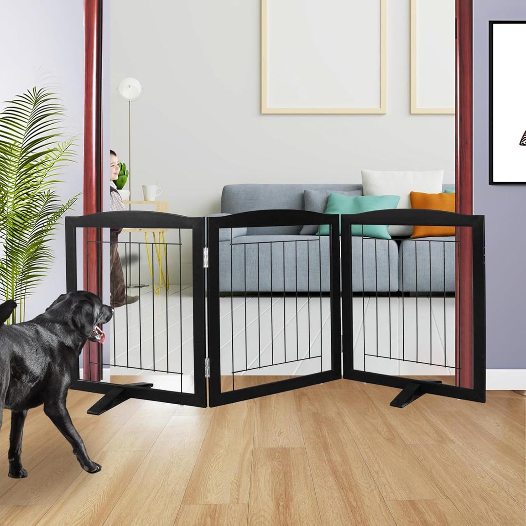 ZJSF Freestanding Dog Fence Indoor, Foldable Dog Gate for Doorways, Stairs or Hallways, Sturdy Wood Extra Wide Pet Gate with Support Feet for The House, Black, 24 "Height-3 Panels