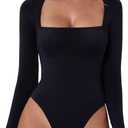 QINSEN Women's Sexy Square Neck Bodysuit Long Sleeve Double Lined Shirt Tops (Large, Black)
