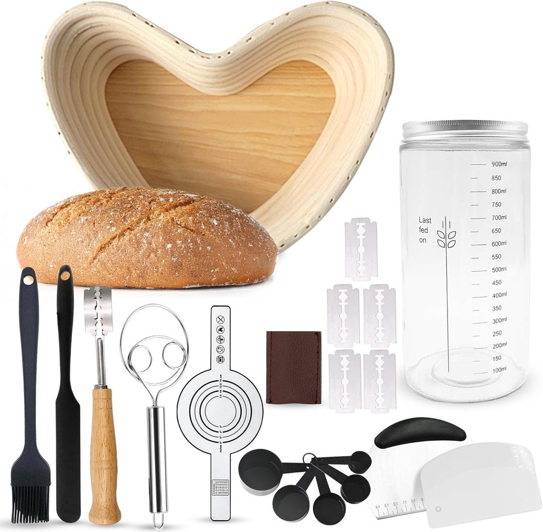 Sourdough Starter Kit 12 Pcs-Heart Shape Bread Proofing Basket, Sourdough Starter Jar, Dough Whisk, Bread Lame, Silicone Brush, Measuring Spoons, Sourdough Bread Baking Supplies