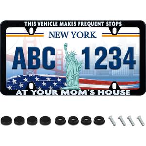 Funny License Plate Frame This Vehicle Makes Frequent Stops at Your Moms House License Plate Holder Humorous Text Stainless Steel Auto Parts Decoration with Screws for Men Women (1 Pack)
