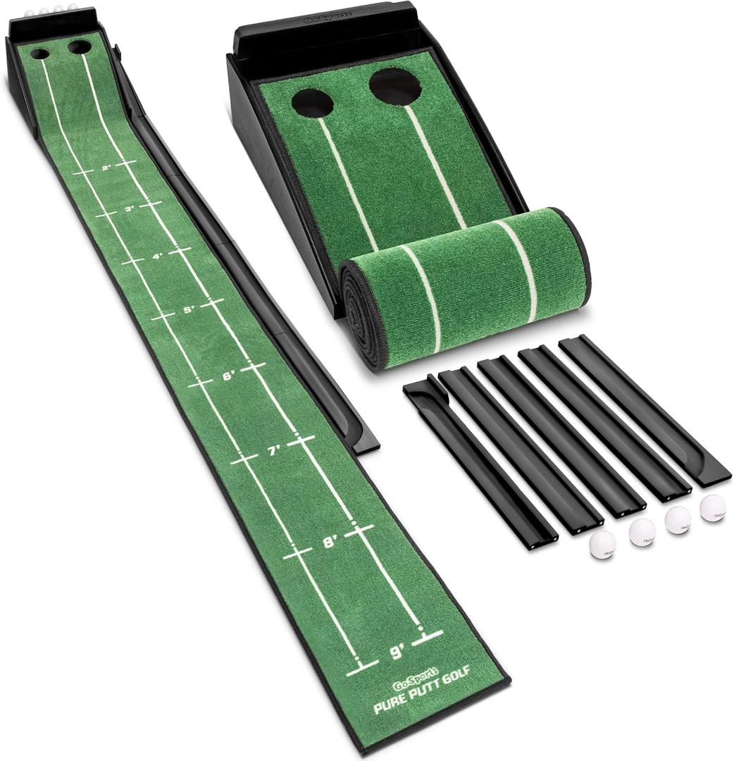 GoSports Pure Putt Golf 9 ft Putting Green Ramp - Black or Brown - Premium Wood Training Aid for Home & Office Putting Practice - Includes 4 Golf Balls