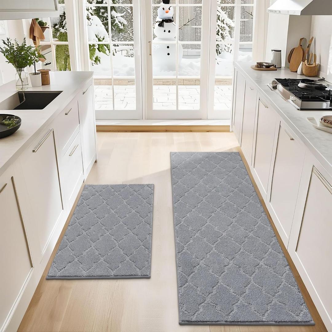 COSY HOMEER Soft Kitchen Rugs [2 PCS] for in Front of Sink Super Absorbent Kitchen Floor Mats and Mats 24x35 Inch/24X60 Non-Skid Kitchen Mat Standing Mat Washable,Polyester,Grey
