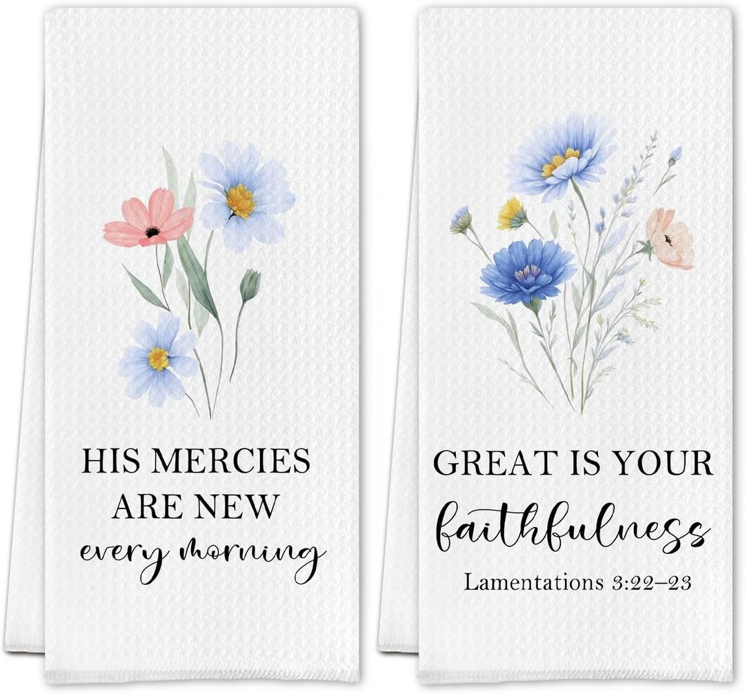 Christian Kitchen Towels, Floral Botanical Decor for Kitchen Bathroom, Inspirational Religious Bible Gifts for Women, His Mercies are New Every Morning,16X24 Inches Set of 2