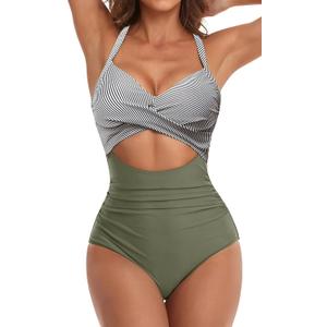 Eomenie Women's One Piece Swimsuits Tummy Control Cutout High Waisted Bathing Suit Wrap Tie Back 1 Piece Swimsuit L