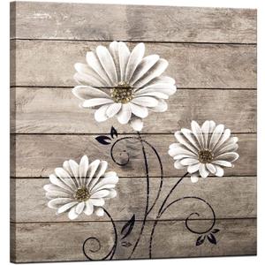 LevvArts Daisy Flower Wall Art Rustic Farm Floral Painting Artwork for Farmhouse Home Bedroom Bathroom Decor Vintage White Brown Flower Art Poster Kitchen Decor Easy Hanging 24x24